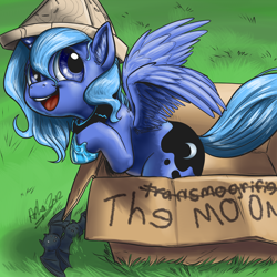 Size: 1200x1200 | Tagged: dead source, safe, artist:aphexangel, character:princess luna, species:alicorn, species:bat, species:pony, aphexangel will make angels out of us, box, calvin and hobbes, cardboard box, cartographer's cap, clothing, cute, diabetes, female, filly, hat, hnnng, leaning, looking at you, looking up, lunabetes, open mouth, pony in a box, smiling, solo, spread wings, transmogrifier, weapons-grade cute, wings, woona, younger