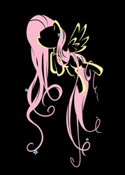 Size: 903x1264 | Tagged: safe, artist:bamboodog, character:fluttershy, species:pegasus, species:pony, black background, cutie mark, female, flower, flower in hair, flying, hooves, iphone wallpaper, lineart, mare, minimalist, modern art, phone wallpaper, simple background, solo, spread wings, wallpaper, wings