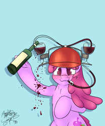 Size: 2917x3500 | Tagged: safe, artist:jorobro, character:berry punch, character:berryshine, alcohol, clothing, drinking hat, female, food, hat, majestic as fuck, simple background, solo, wine, wine bottle, wine glass