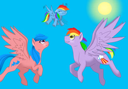 Size: 800x557 | Tagged: safe, artist:colourstrike, character:firefly, character:rainbow blaze, character:rainbow dash, species:pegasus, species:pony, ship:fireblaze, g1, g4, cute, dashabetes, family, father and child, father and daughter, female, filly, filly rainbow dash, firefly as rainbow dash's mom, first flight, flying, foal, g1 to g4, generation leap, male, mare, mother and child, mother and daughter, shipping, stallion