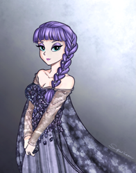 Size: 573x731 | Tagged: safe, artist:superkeen, character:boulder, character:maud pie, species:human, beautiful, cleavage, clothing, costume, crossover, disney, dress, elsa, female, frozen (movie), humanized, lipstick, smiling, solo, when she smiles