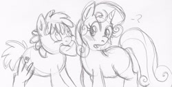 Size: 900x453 | Tagged: safe, artist:enigmaticfrustration, character:sweetie belle, character:truffle shuffle, species:earth pony, species:pony, colt, female, male, mouth hold, shipping, sketch, straight, sweetieshuffle