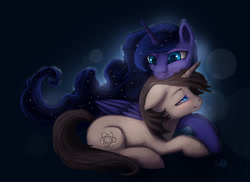 Size: 2631x1911 | Tagged: safe, artist:rain-gear, character:princess luna, oc, bedroom eyes, canon x oc, female, floppy ears, male, neck nuzzle, nuzzling, prone, shipping, smiling, snuggling, straight