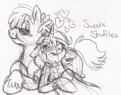 Size: 900x701 | Tagged: safe, artist:enigmaticfrustration, character:sweetie belle, character:truffle shuffle, blushing, female, male, older, shipping, sketch, straight, sunglasses, sweetieshuffle