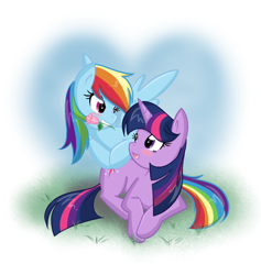 Size: 900x950 | Tagged: safe, artist:bamboodog, character:rainbow dash, character:twilight sparkle, species:pegasus, species:pony, species:unicorn, ship:twidash, blushing, female, flower, flower in mouth, lesbian, mare, mouth hold, prone, rose, shipping
