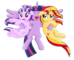 Size: 1259x1024 | Tagged: safe, artist:majkashinoda626, character:starlight glimmer, character:sunset shimmer, character:twilight sparkle, character:twilight sparkle (alicorn), species:alicorn, species:pony, species:unicorn, counterparts, cute, diabetes, eyes closed, floppy ears, flying, frown, glimmerbetes, happy, horn, hug, magical trio, open mouth, s5 starlight, shimmerbetes, simple background, smiling, spread wings, transparent background, twiabetes, twilight's counterparts, twishimmerglimmer, underhoof, vector, wide eyes, wings
