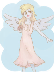 Size: 600x800 | Tagged: safe, artist:kukutjulu01, artist:misochikin, character:derpy hooves, my little pony:equestria girls, angel, beautiful, blonde, blushing, clothing, cute, derpabetes, dress, female, food, happy, looking at you, muffin, open mouth, smiling, solo, spread wings, wings