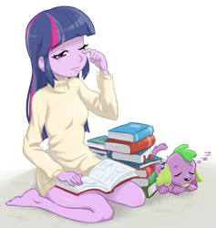 Size: 810x855 | Tagged: safe, artist:ta-na, character:spike, character:twilight sparkle, species:dog, my little pony:equestria girls, barefoot, book, bottomless, clothing, eyes closed, feet, female, male, one eye closed, simple background, sleeping, sleepy, spike the dog, sweater, tired, white background, zzz