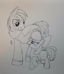 Size: 2800x3216 | Tagged: safe, artist:scribblepwn3, character:apple bloom, character:big mcintosh, species:earth pony, species:pony, episode:brotherhooves social, g4, my little pony: friendship is magic, male, monochrome, pen drawing, stallion, traditional art