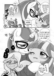 Size: 649x916 | Tagged: safe, artist:akira bano, character:moondancer, character:trixie, character:twilight sparkle, character:twilight sparkle (alicorn), species:alicorn, species:pony, ship:twidancer, comic, context needed, doujin, female, lesbian, mare, monochrome, preview, shipping, translation