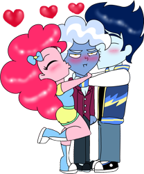 Size: 971x1167 | Tagged: safe, artist:purfectprincessgirl, character:pinkie pie, character:pokey pierce, character:soarin', ship:pokeypie, ship:soarinpie, equestria girls:friendship games, g4, my little pony: equestria girls, my little pony:equestria girls, annoyed, bisexual, blushing, chibi, female, gay, gay in front of girls, heart, hug, kiss on the cheek, kiss sandwich, kissing, male, ot3, pinkie pie gets all the stallions, shipping, soarinpokeypie, straight, tsundere