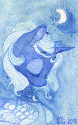 Size: 1009x1615 | Tagged: safe, artist:wolfiedrawie, character:princess luna, species:alicorn, species:pony, g4, eyes closed, female, horn, s1 luna, solo, traditional art, watercolor painting, younger