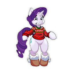 Size: 1280x1280 | Tagged: safe, artist:pippy, character:rarity, species:pony, species:reindeer, belly button, bipedal, boots, christmas, christmas sweater, clothing, female, horrified, inner conflict, it burns, kill me, no pants, present, simple background, solo, sweater, tacky, transparent background, tree, wince