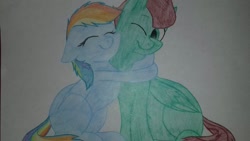 Size: 1024x576 | Tagged: safe, artist:colourstrike, character:rainbow dash, oc, oc:northern haste, species:pony, colt, female, filly, hug, male, northash, request, traditional art, younger
