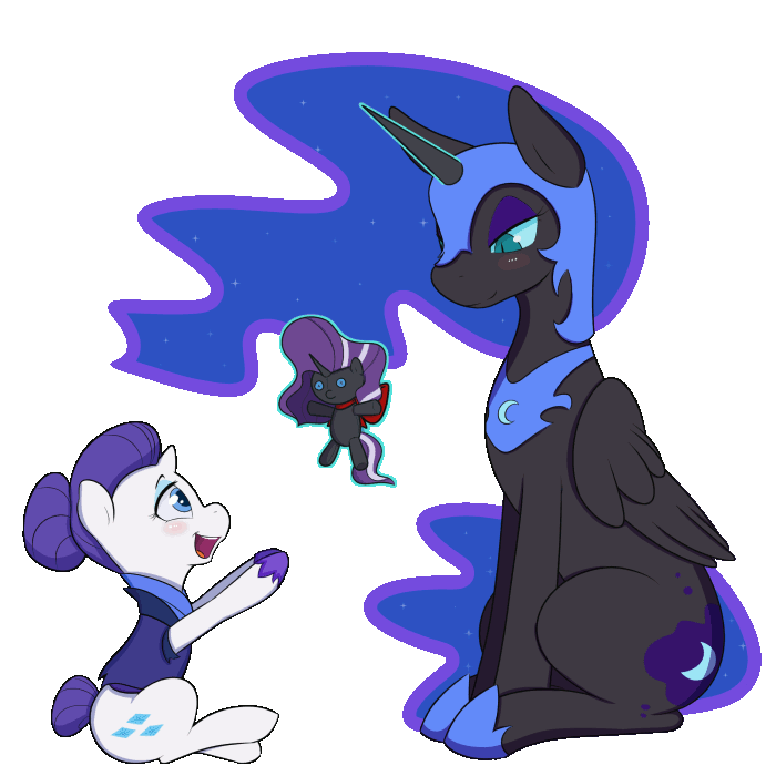 Size: 700x700 | Tagged: safe, artist:zoarity, character:nightmare moon, character:nightmare rarity, character:princess luna, character:rarity, species:alicorn, species:pony, species:unicorn, episode:the cutie re-mark, alternate timeline, amused, animated, bedroom eyes, blushing, clothing, cute, eye shimmer, eyes on the prize, female, happy, levitation, loop, magic, nicemare moon, night maid rarity, nightmare takeover timeline, open mouth, plushie, raribetes, simple background, sitting, smiling, telekinesis, transparent background