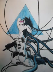 Size: 3040x4133 | Tagged: safe, artist:scribblepwn3, species:earth pony, species:pony, crossover, cyborg, ghost in the shell, gun, looking up, motoko kusanagi, pen drawing, solo, the major, traditional art, watercolor painting, weapon