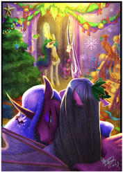 Size: 2480x3507 | Tagged: safe, artist:begasus, character:nightmare moon, character:philomena, character:princess celestia, character:princess luna, character:queen chrysalis, character:twilight sparkle, ship:chrysmoon, bedroom eyes, blep, christmas, christmas ornament, christmas tree, decoration, female, glowing eyes, holly, lesbian, levitation, licking, magic, mouth hold, nightmare mlem, shipping, smiling, telekinesis, tongue out, tree