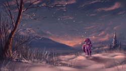 Size: 2560x1440 | Tagged: dead source, safe, artist:shamanguli, character:twilight sparkle, character:twilight sparkle (alicorn), species:alicorn, species:pony, female, mare, scenery, scenery porn, snow, solo, sunset, winter