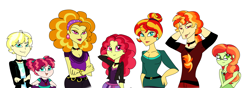 Size: 3768x1324 | Tagged: safe, artist:purfectprincessgirl, character:adagio dazzle, character:sunset shimmer, oc, oc:angel flare, oc:ballad glimmer, oc:phoenix burst, oc:viola hue, parent:adagio dazzle, parent:sunset shimmer, parents:sunsagio, ship:sunsagio, my little pony:equestria girls, female, humanized, lesbian, magical lesbian spawn, offspring, older, shipping, story in the source, story included