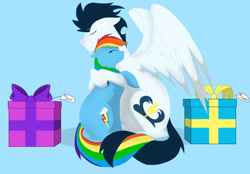 Size: 800x557 | Tagged: safe, artist:colourstrike, character:rainbow dash, character:soarin', species:pony, ship:soarindash, backwards cutie mark, christmas, female, hug, intertwined tails, male, present, shipping, straight