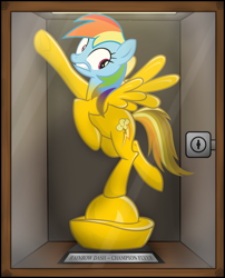 Size: 3445x4255 | Tagged: safe, artist:icaron, character:rainbow dash, backwards cutie mark, cabinet, dashabuse, display case, gold, inanimate tf, locked, objectification, petrification, plinth, show accurate, statue, statuette, story included, transformation, trophy, underhoof