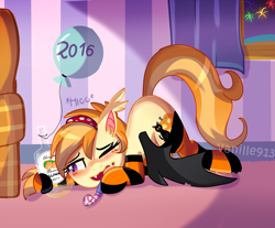 Size: 1280x1059 | Tagged: safe, artist:spookyle, oc, oc only, oc:pumpkin patch, species:bat pony, species:pony, alcohol, balloon, bottle, clothing, drunk, face down ass up, food, socks, solo