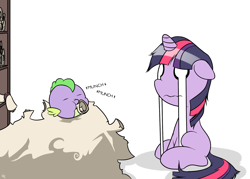Size: 1750x1250 | Tagged: safe, artist:doggonepony, character:spike, character:twilight sparkle, baby spike, bibliovore, crying, filly, filly twilight sparkle, pica, scroll