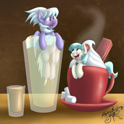 Size: 4000x4000 | Tagged: safe, artist:jorobro, character:cloudchaser, character:coco pommel, species:pony, absurd resolution, alcohol, beer, chocolate, cup, cup of pony, food, hot chocolate, ice, marshmallow, micro, whipped cream