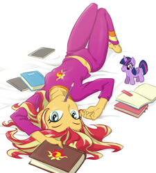 Size: 900x1000 | Tagged: safe, artist:ta-na, character:sunset shimmer, character:twilight sparkle, character:twilight sparkle (alicorn), species:alicorn, my little pony:equestria girls, adorasexy, barefoot, book, clip studio paint, clothing, cute, feet, female, looking at you, midriff, mouth hold, on back, pajamas, pencil, plushie, sexy, shimmerbetes, solo, stupid sexy sunset shimmer, sunset shimmer's book
