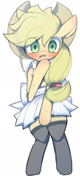 Size: 930x2047 | Tagged: safe, artist:skippy_the_moon, character:applejack, blushing, clothing, dress, female, solo