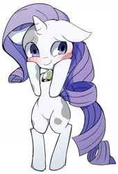 Size: 1024x1510 | Tagged: safe, artist:skippy_the_moon, character:rarity, species:cow, blushing, cowbell, female, floppy ears, raricow, solo, species swap
