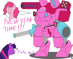 Size: 999x799 | Tagged: safe, artist:mopyr, character:pinkie pie, character:twilight sparkle, >:3, dialogue, eye bulging, gun, mech, new year, simple background, weapon, white background