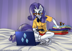 Size: 1915x1355 | Tagged: safe, artist:skorpionletun, character:rarity, species:anthro, species:pony, species:unguligrade anthro, species:unicorn, g4, bed, clothing, computer, controller, crossed legs, fabric, female, game controller, gamer, gamer rarity, glasses, headphones, horn, laptop computer, mare, rarigamer, shirt, shorts, solo, tail, unshorn fetlocks, video game