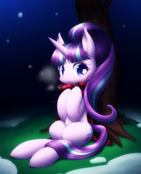 Size: 794x979 | Tagged: safe, artist:hashioaryut, character:starlight glimmer, species:pony, species:unicorn, :o, clothing, cold, cute, female, glimmerbetes, grass, looking at you, mare, pixiv, scarf, sitting, snow, snowfall, solo, tree, under the tree