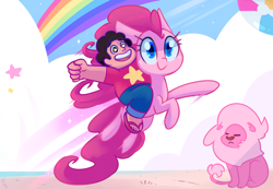 Size: 1024x709 | Tagged: safe, artist:meekcheep, character:pinkie pie, species:earth pony, species:human, species:pony, alien, beach, beach ball, big cat, clothing, crossover, eyes closed, female, humans riding ponies, hybrid, lion, lion (steven universe), mare, rainbow, sand, sandals, steven quartz universe, steven universe, trio, xk-class end-of-the-world scenario