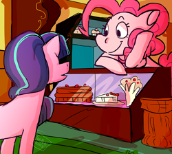 Size: 900x805 | Tagged: dead source, safe, artist:stevetwisp, character:pinkie pie, character:starlight glimmer, cake, cupcake, duo, duo female, female, food, glimmerpie, sugarcube corner