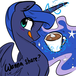 Size: 1000x1000 | Tagged: safe, artist:glacierclear edits, artist:lunapaws, edit, character:princess luna, species:alicorn, species:pony, blushing, bronybait, chocolate, chocoluna, cute, dialogue, female, food, hot chocolate, looking at you, luna loves chocolate, lunabetes, magic, mare, marshmallow, solo, telekinesis, that pony sure does love chocolate, tongue out