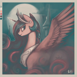 Size: 3000x3000 | Tagged: safe, artist:rain-gear, character:princess celestia, species:alicorn, species:pony, beautiful, castle, color palette challenge, crown, cutie mark, ethereal mane, female, flowing mane, flowing tail, full moon, jewelry, limited palette, looking at you, mare, moon, multicolored hair, night, regalia, royalty, smiling, solo, spread wings, tiara, wings