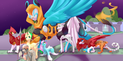 Size: 1280x640 | Tagged: safe, artist:severus, oc, oc only, oc:windswept, species:deer, species:dracony, species:griffon, species:kelpie, species:sphinx, hybrid, sphinx oc, stories from the front, story included
