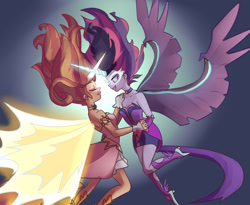 Size: 1100x900 | Tagged: safe, artist:misochikin, character:daydream shimmer, character:midnight sparkle, character:sunset shimmer, character:twilight sparkle, character:twilight sparkle (scitwi), species:eqg human, ship:midnightdaydream, ship:scitwishimmer, ship:sunsetsparkle, equestria girls:friendship games, g4, my little pony: equestria girls, my little pony:equestria girls, daydream shimmer, eyes closed, female, horns are touching, lesbian, midnight sparkle, pixiv, shipping