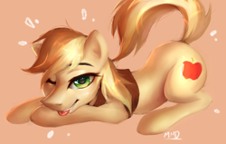 Size: 1280x815 | Tagged: dead source, safe, artist:my-magic-dream, character:braeburn, species:pony, bedroom eyes, clothing, male, simple background, solo, tongue out, vest, wink