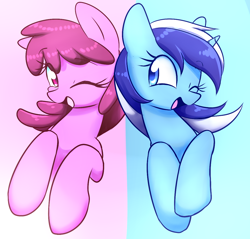 Size: 1152x1100 | Tagged: safe, artist:acersiii, character:berry punch, character:berryshine, character:minuette, ship:berrette, female, lesbian, shipping, smiling, wink