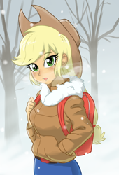 Size: 800x1175 | Tagged: safe, artist:ta-na, character:applejack, species:human, my little pony:equestria girls, applejack's hat, backpack, blushing, breath, clothing, coat, cowboy hat, cute, denim skirt, female, forest, hat, jackabetes, looking at you, open mouth, skirt, snow, snowfall, solo, stetson, tree, winter