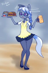 Size: 800x1200 | Tagged: safe, artist:drantyno, character:silver spoon, species:anthro, species:earth pony, species:pony, g4, braid, burger, clothing, dress, female, food, french fries, glasses, hamburger, maid, ponytail, shoes, skirt, solo, surprised