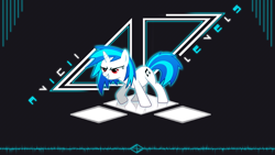 Size: 1920x1080 | Tagged: safe, artist:minhbuinhat99, artist:silentmatten, character:dj pon-3, character:vinyl scratch, species:pony, species:unicorn, avicii, cutie mark, desktop background, female, hooves, horn, levels, mare, red eyes, reflection, smiling, solo, song reference, teeth, text, vector, wallpaper, wrong eye color