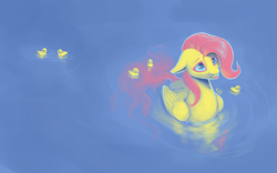 Size: 1920x1200 | Tagged: safe, artist:rain-gear, character:fluttershy, species:bird, species:duck, species:pegasus, species:pony, behaving like a duck, blep, cute, duck pony, duckling, female, floppy ears, flutterduck, shyabetes, smiling, solo, tongue out, wallpaper, water