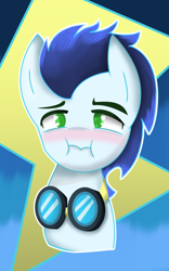 Size: 967x1553 | Tagged: safe, artist:sapphireartemis, character:soarin', species:pony, blushing, goggles, male, solo