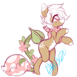 Size: 1000x1000 | Tagged: safe, artist:ad-opt, artist:skulifuck, oc, oc only, oc:bloom, oc:blossom, species:pony, augmented tail, collaboration, female, looking offscreen, mare, monster pony, original species, piranha plant pony, plant, plant pony, signature, simple background, solo, tailmouth, white background, white hair, white mane