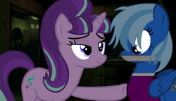 Size: 1258x719 | Tagged: safe, artist:westrail642fan, character:starlight glimmer, oc, oc:sapphire lily, duct tape, fazbear's fright: the horror attraction, five nights at freddy's, five nights at freddy's 3, glowing eyes, s5 starlight, springtrapped