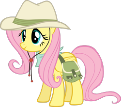 Size: 3000x2648 | Tagged: safe, artist:doctor-g, character:fluttershy, episode:three's a crowd, g4, my little pony: friendship is magic, bandana, clothing, explorer outfit, fedora, female, hat, saddle bag, simple background, solo, transparent background, vector